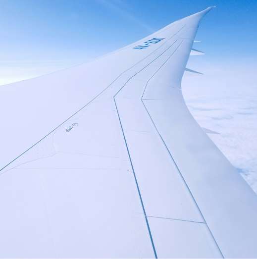 Airplane wing and a blue sky